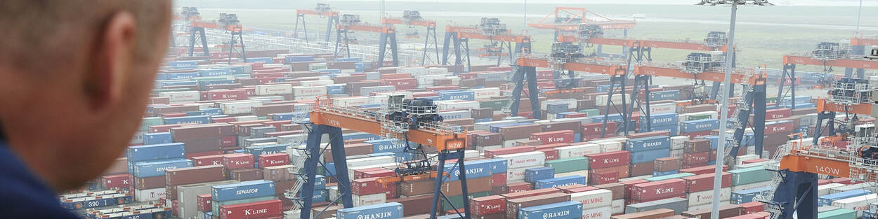 Man kijkt van bovenaf uit over zeecontainers die op een vlakte staan voor verdere afhandeling