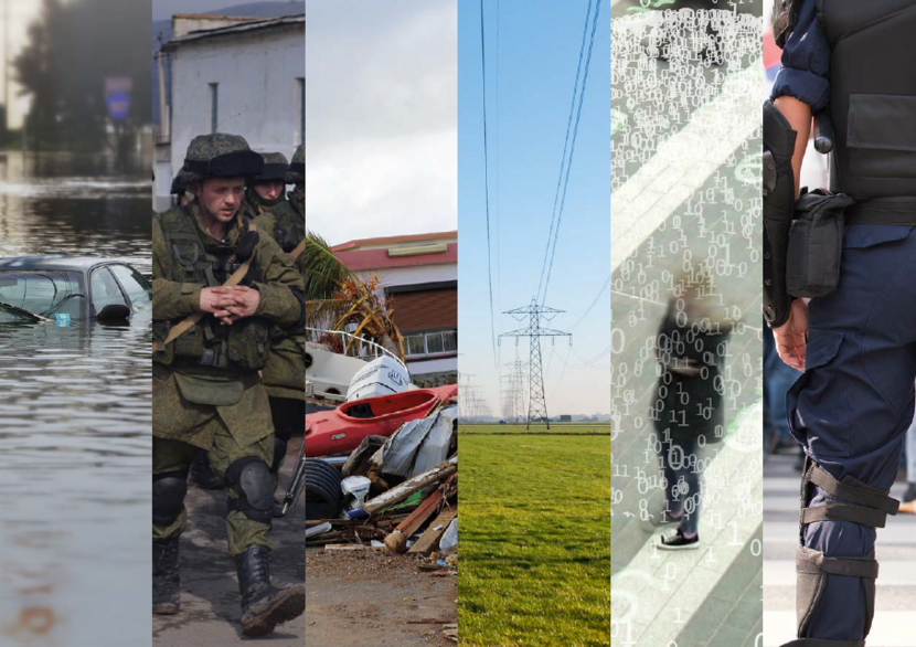Een collage van 6 smalle stukken uit foto's: 1. auto te water, 2. militairen, 3. boten en andere spullen op het droge (na een orkaan), 4. hoogspanningsmast in weiland, 5. persoon leunend tegen een raam, 6. militair met bepakking op de rug gezien