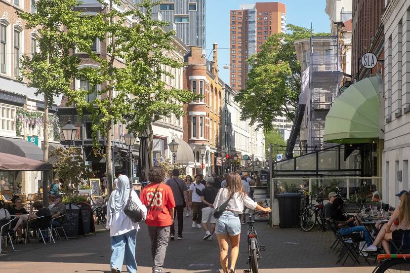 Winkelstraat in Rotterdam met diverse mensen die er lopen, met een fiets of zittend op een bankje
