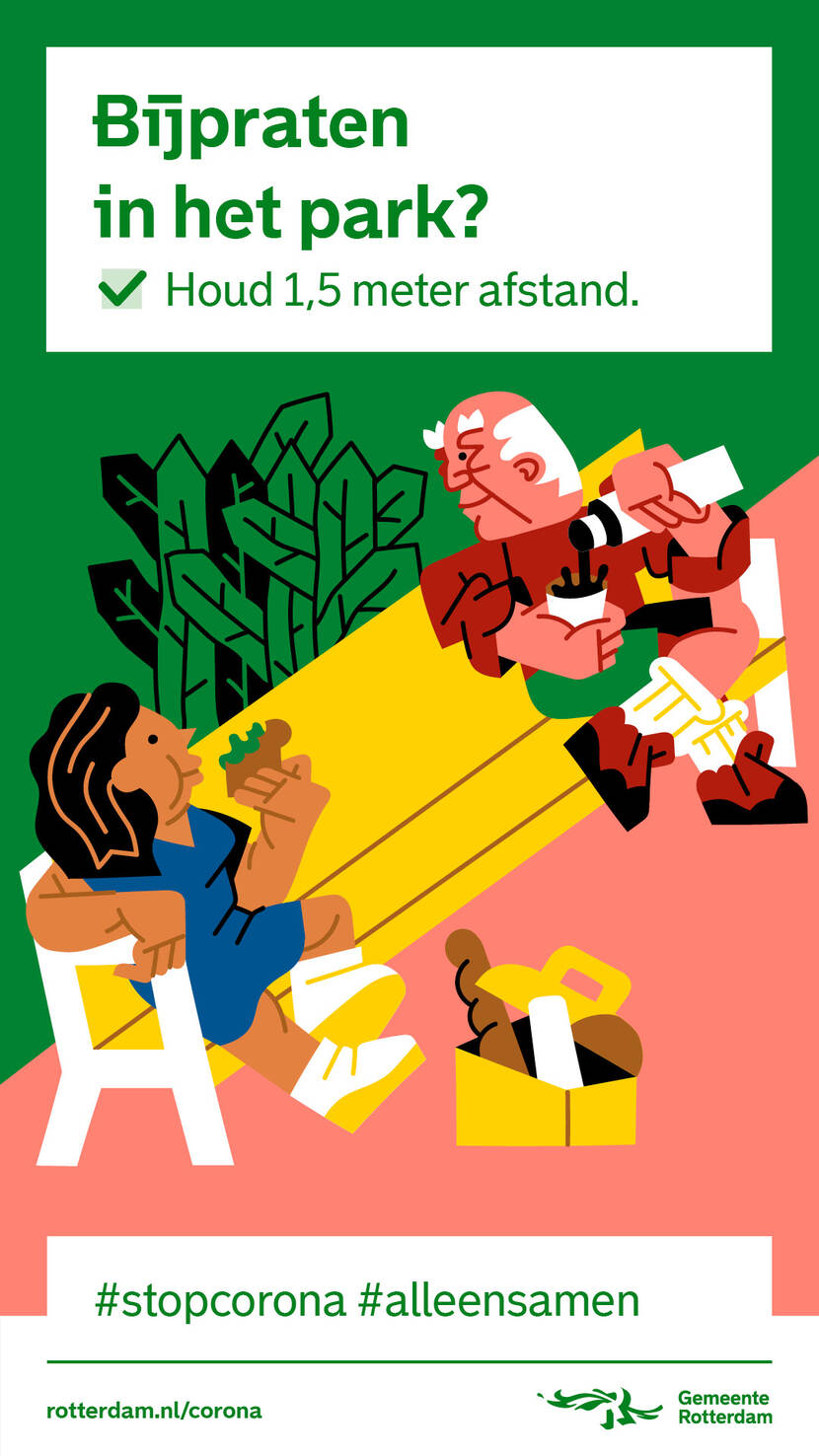 Poster met getekend: 2 personen op 1,5 meter afstand die op een bankje hun lunch opeten