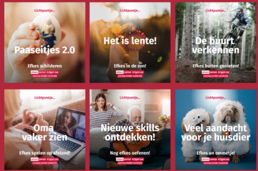 collaga met 6 beelden: geschilderd paasei, hand met bloemetjes, mountainbiken in het bos, laptop met oma en kindje facetime, man speelt gitaar, 2 honden met gekke bontjasjes aan