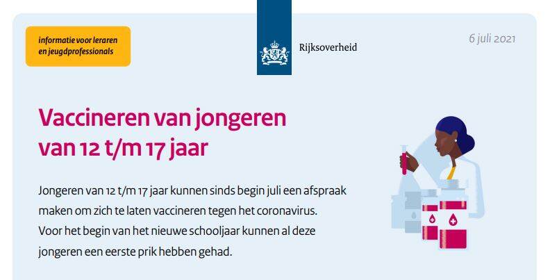 Flyer met tekst een een persoon die buisjes met vaccins uit een kan haalt
