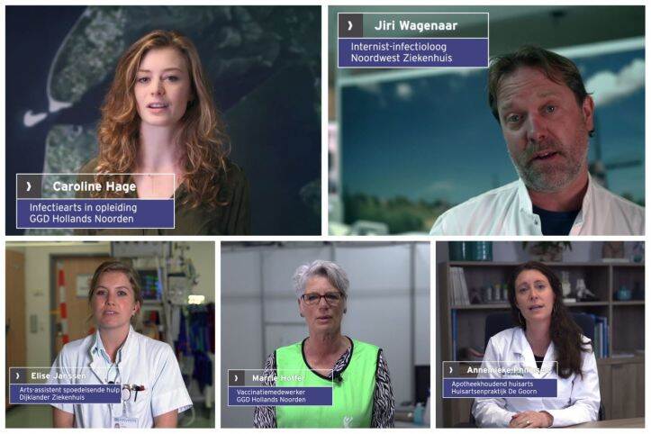 5 personen uit de zorgverlening met functie en rol o.a. artsen, apotheker